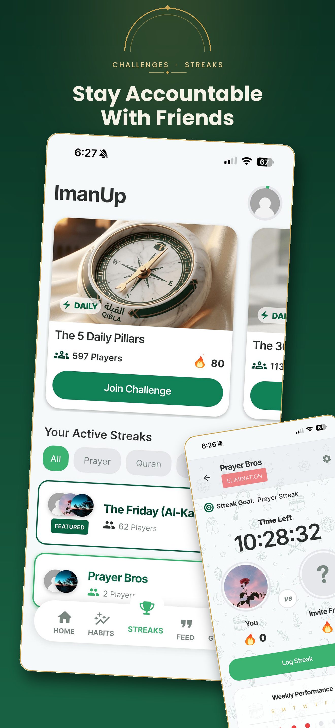 ImanUp Streaks page showing challenges, active streaks, and group accountability