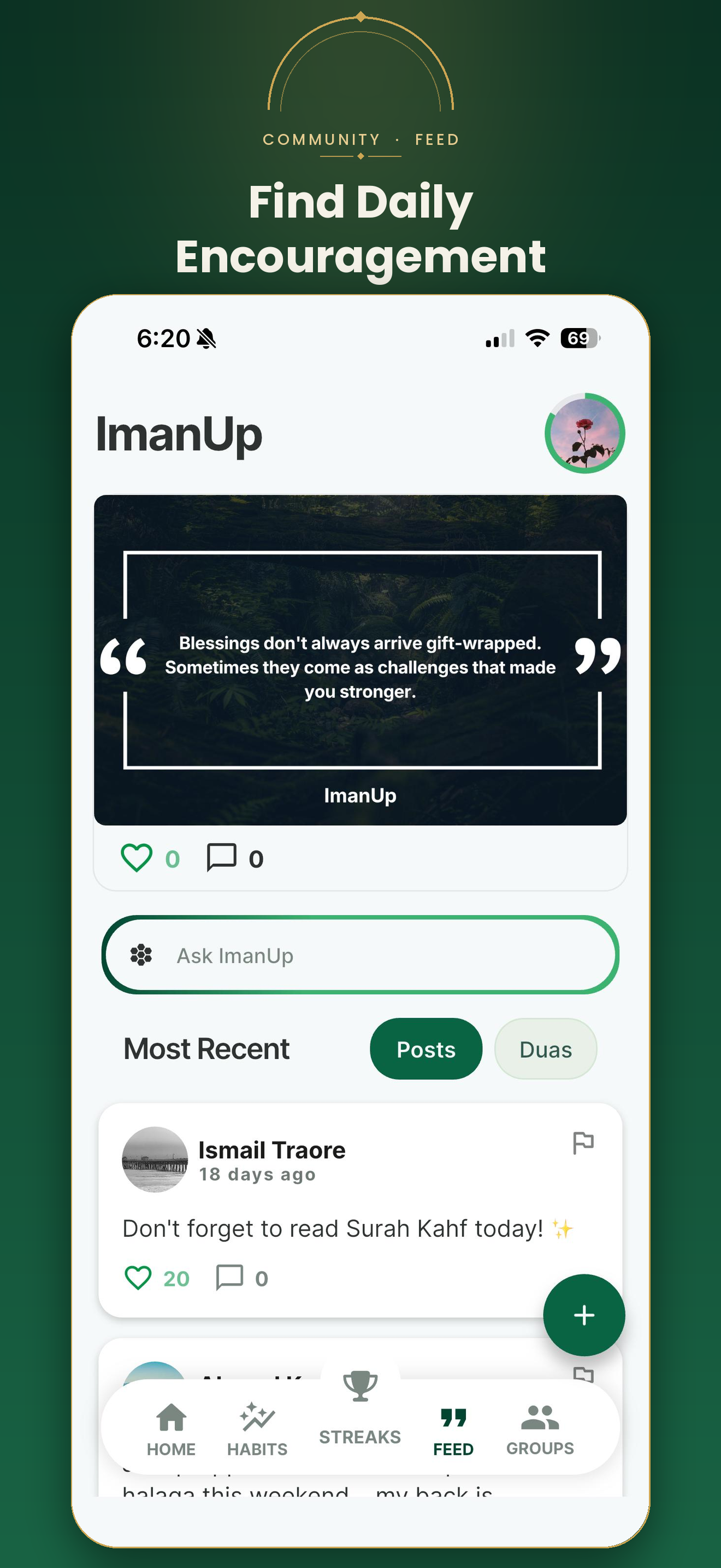 ImanUp community feed with posts, duas, and daily wisdom