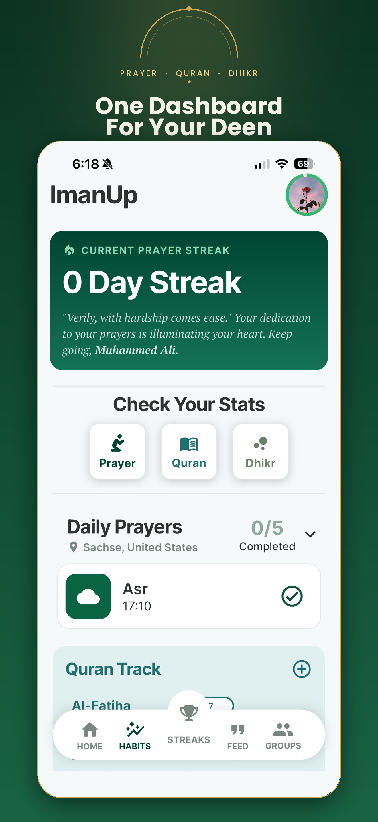 ImanUp habits dashboard with prayer streak card and daily stats