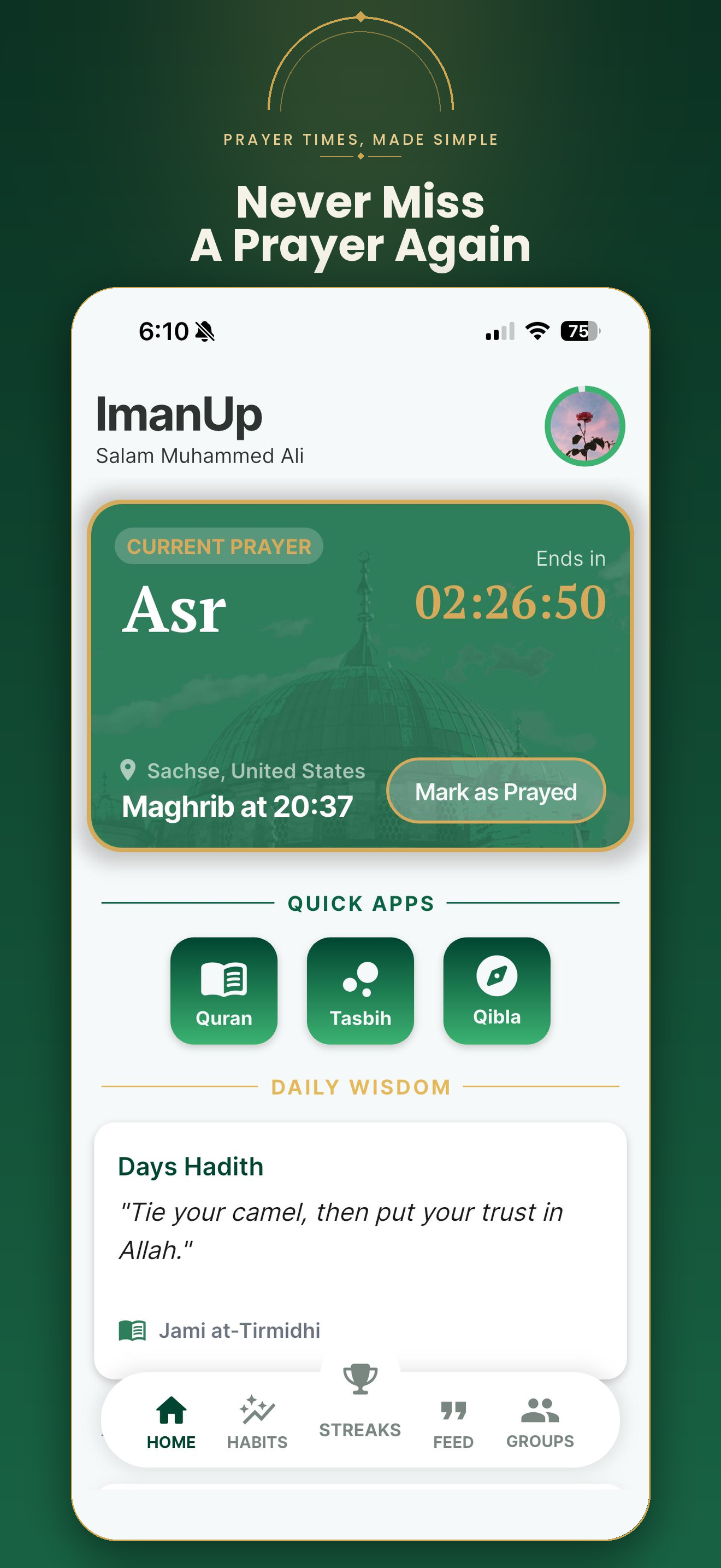ImanUp home screen showing current prayer, quick apps, and daily wisdom