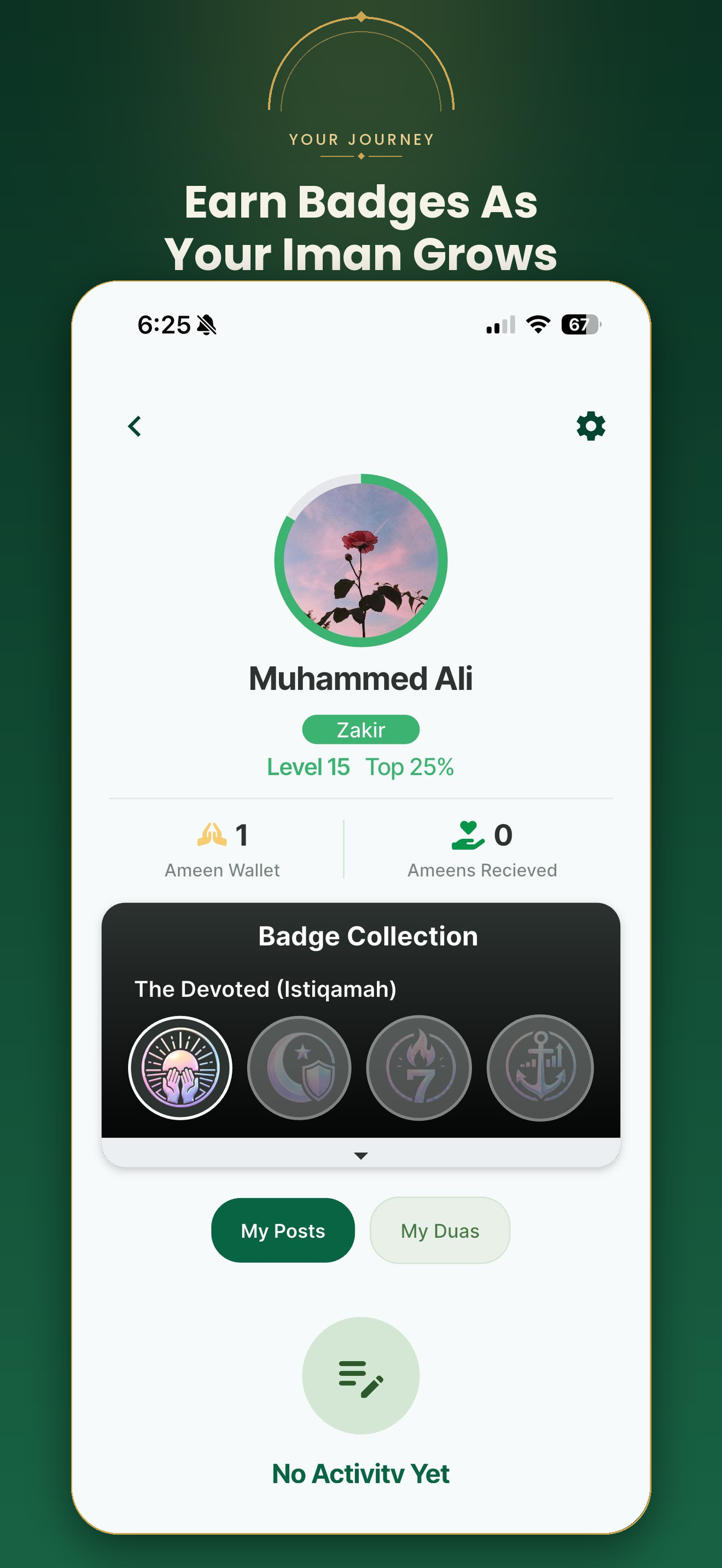 ImanUp profile with badge collection and level progress