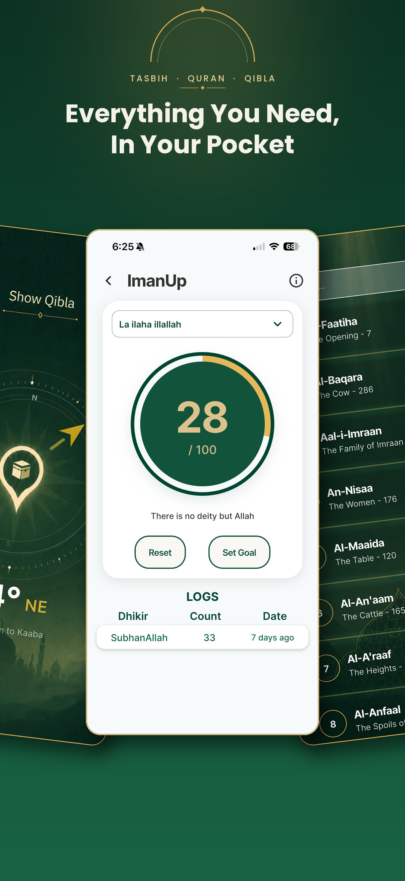 ImanUp tasbih counter, Quran surah list, and Qibla finder